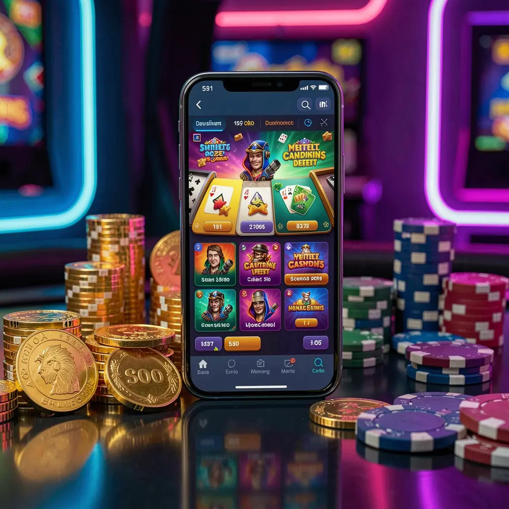 RM66 mobile casino app dashboard on smartphone displaying colorful gaming interface with golden coins and poker chips on a glossy table under elegant neon lighting