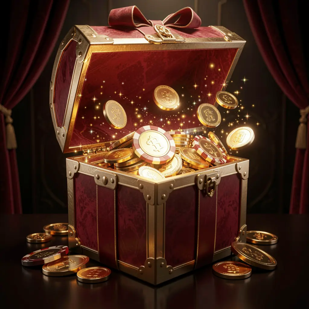 RM66 no deposit casino bonus concept featuring a glowing gift box filled with free casino chips and golden coins, surrounded by magical sparkle effects on a luxury dark background creating an exciting reward atmosphere