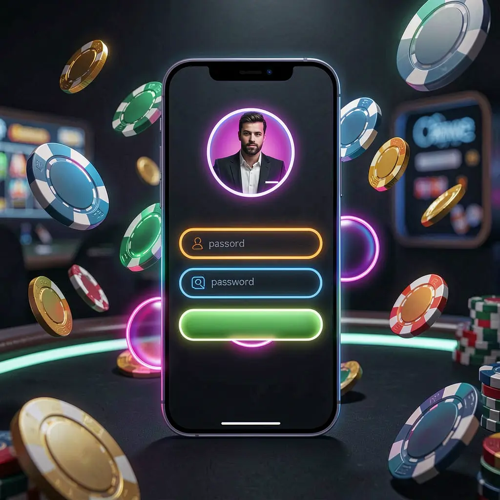 RM66 mobile casino login screen with abstract neon UI shapes showing user profile and password fields, surrounded by flying chips and coins in a dark premium casino atmosphere