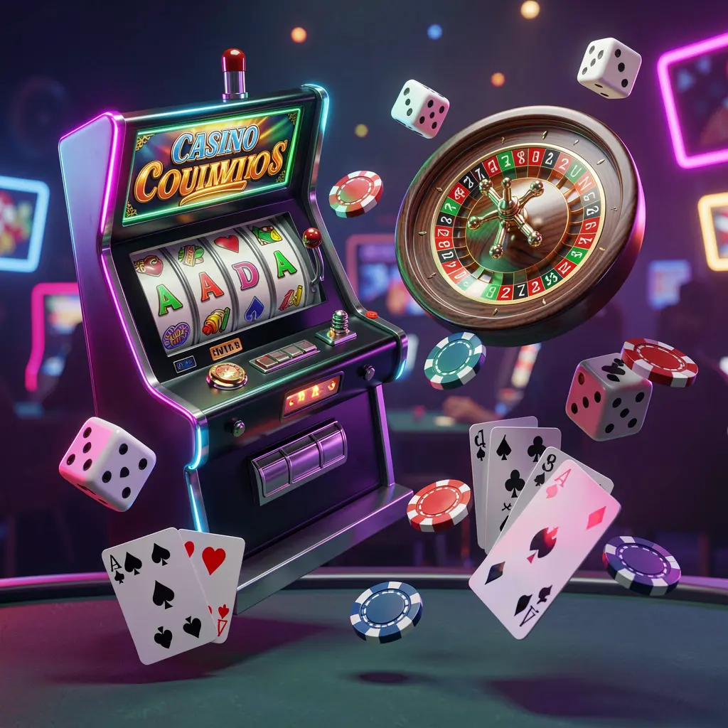 RM66 casino games collection homepage visual featuring a slot machine, roulette wheel, dice, playing cards, and poker chips floating together with colorful neon lights in a premium 3D render